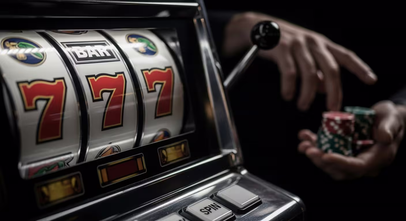 Slot machine reels showing a dramatic near-miss outcome